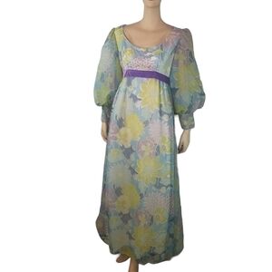 Vtg 60s Emma Domb floral chiffon hostess maxi dress
